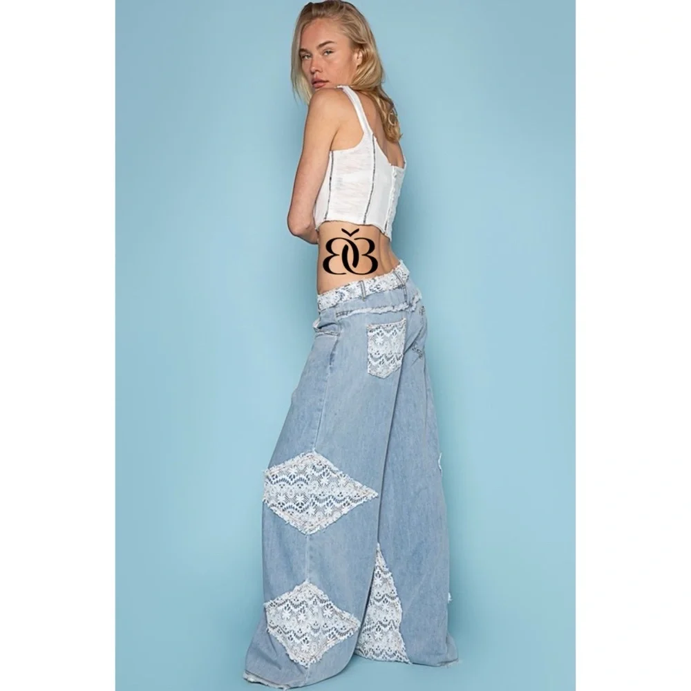 POL Vintage Washed Crochet Patched Straight Wide Leg Slouch Jeans - Picture 7 of 16